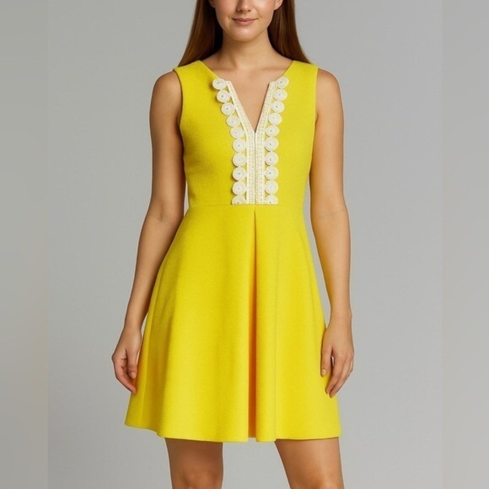 Vince Camuto Dress‎ 8 Sleeveless Fit Flare Yellow Crochet Trim Honeycomb Pique